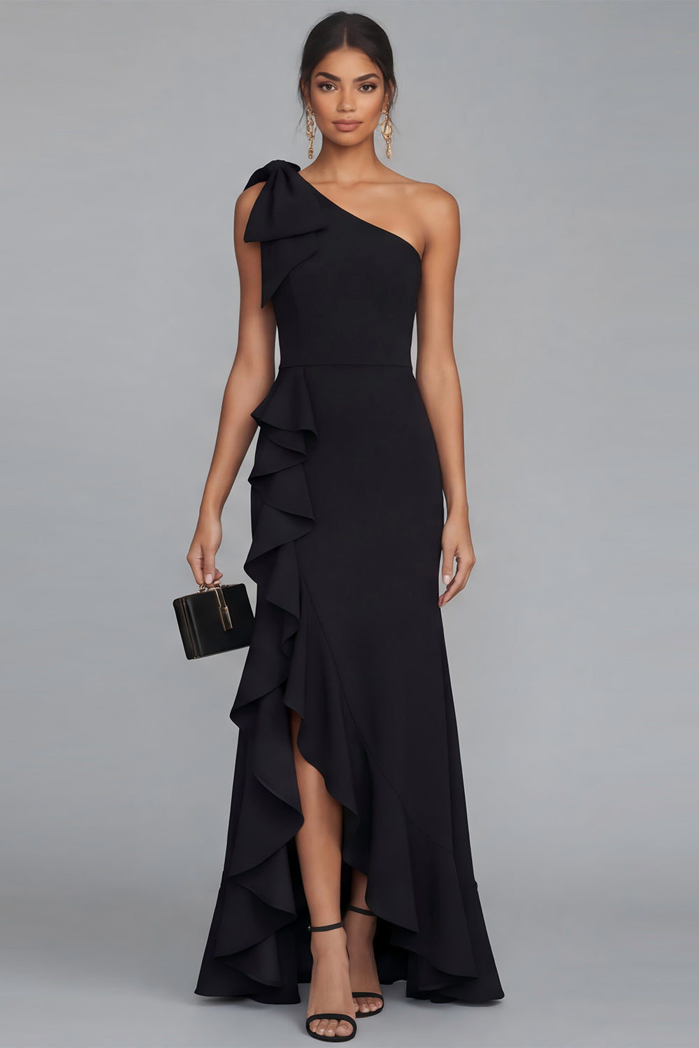 Black One Shoulder Sheath Satin Maxi Evening Dress with Ruffled Slit