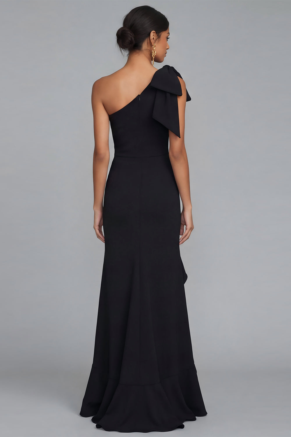 Black One Shoulder Sheath Satin Maxi Evening Dress with Ruffled Slit