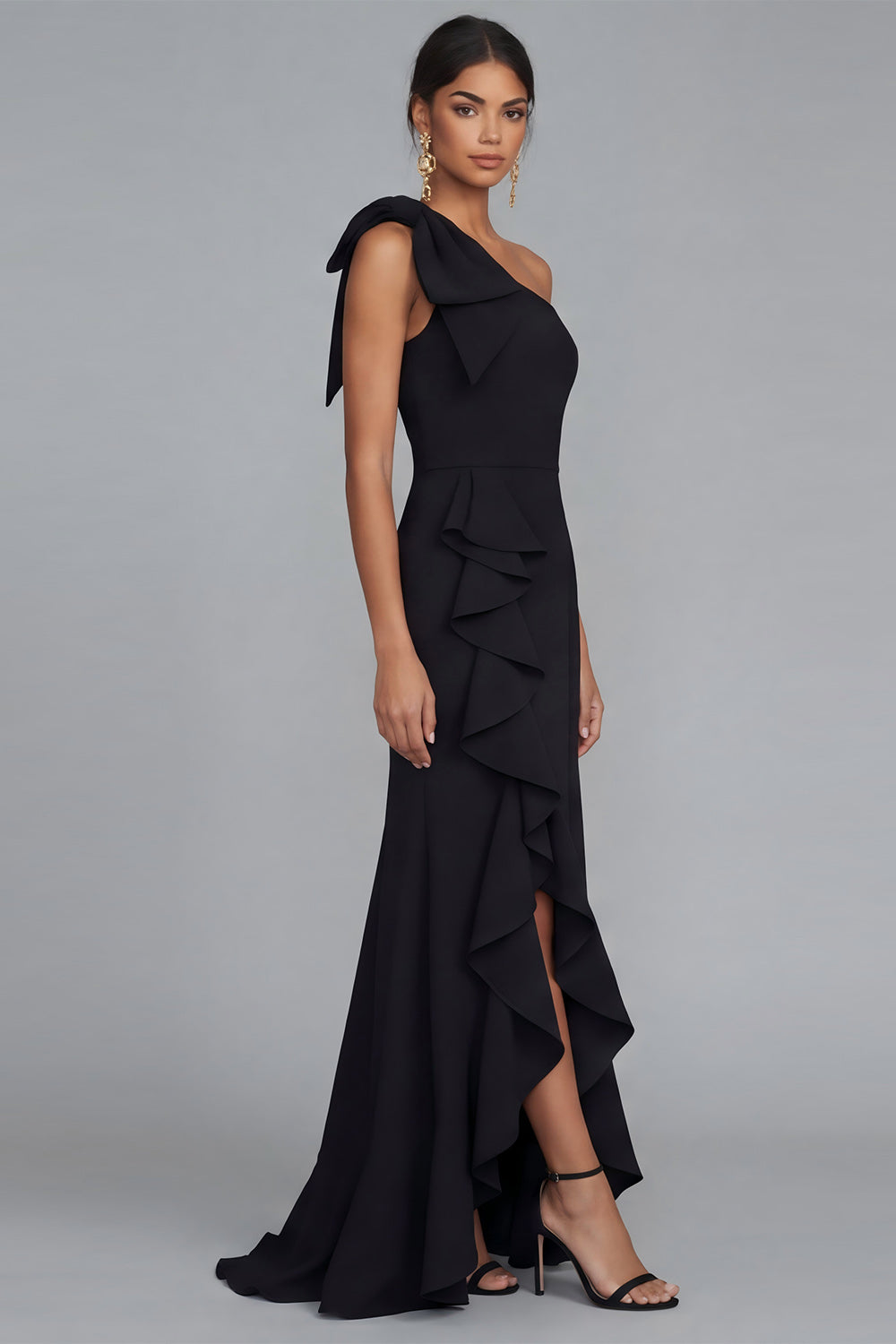 Black One Shoulder Sheath Satin Maxi Evening Dress with Ruffled Slit