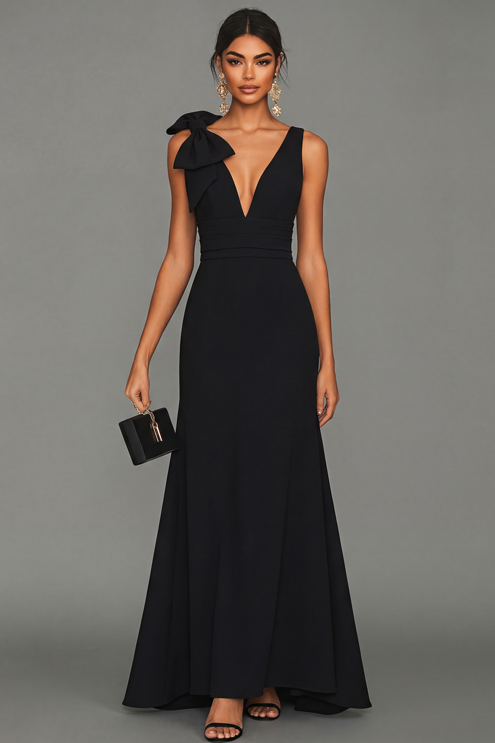 Black V Neck A Line Maxi Satin Evening Dress with Bow