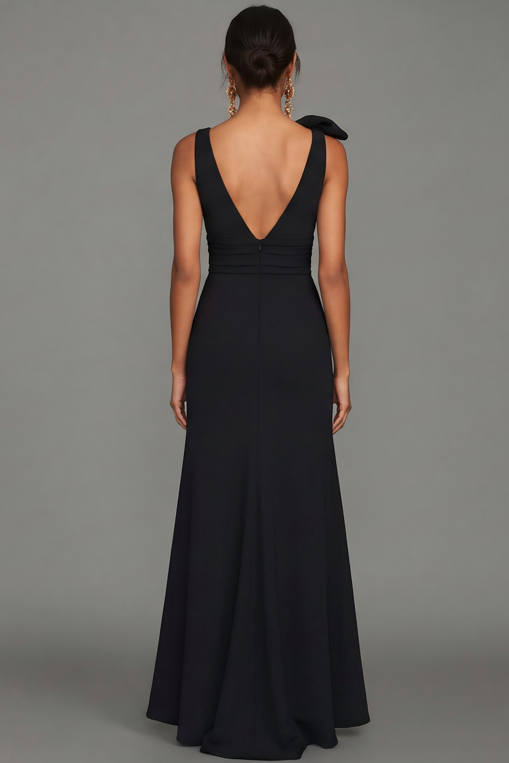 Black V Neck A Line Maxi Satin Evening Dress with Bow