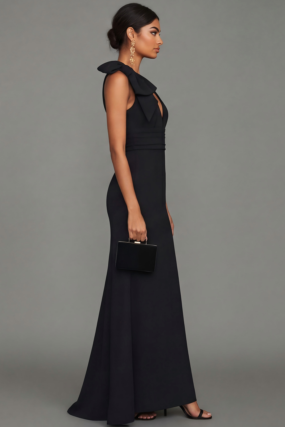 Black V Neck A Line Maxi Satin Evening Dress with Bow