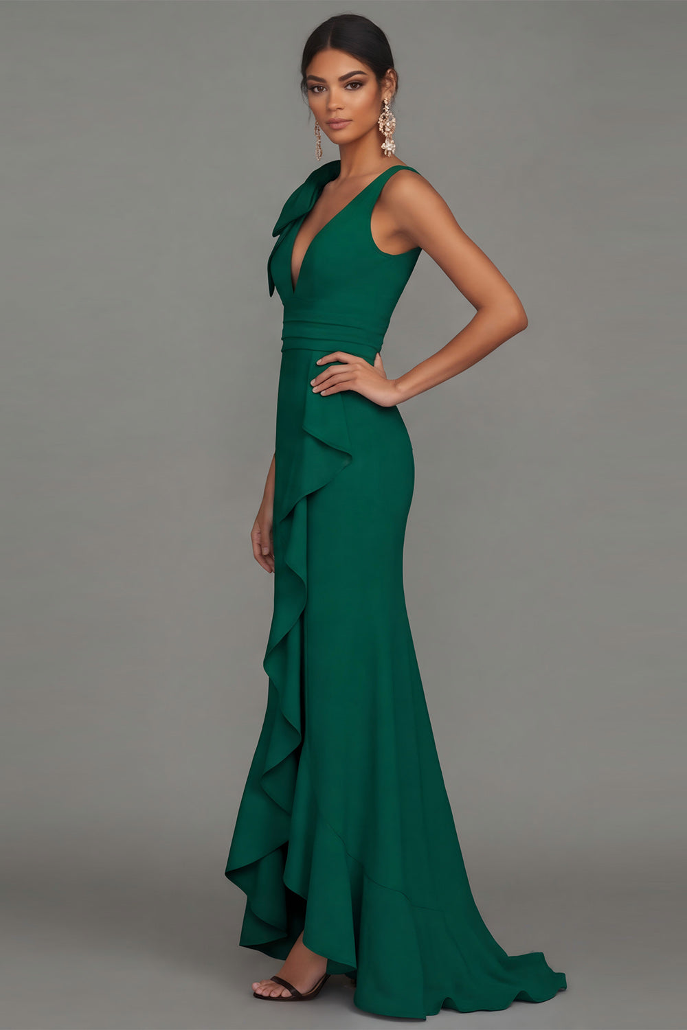 Sky Blue V Neck Sheath Long Evening Dress with Ruffled Slit