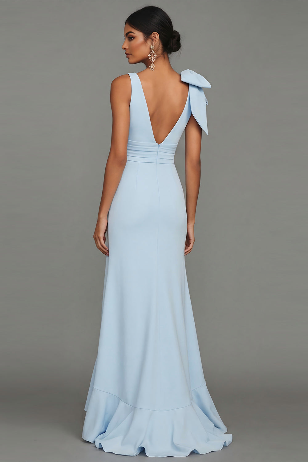 Sky Blue V Neck Sheath Long Evening Dress with Ruffled Slit