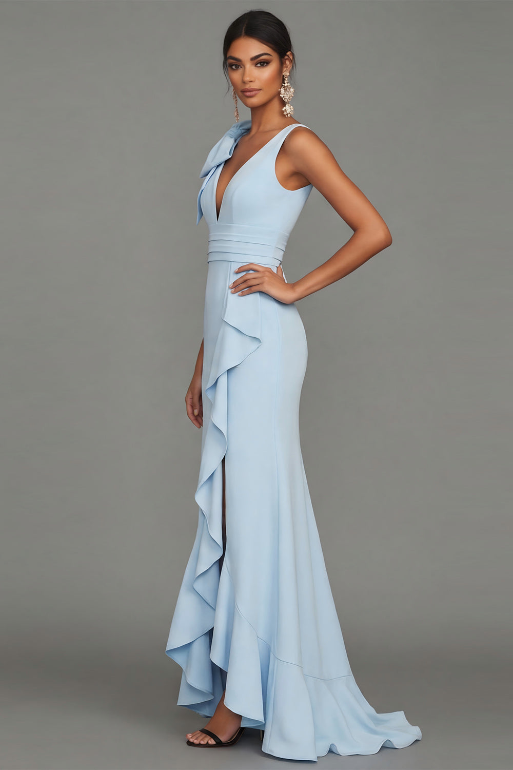 Sky Blue V Neck Sheath Long Evening Dress with Ruffled Slit