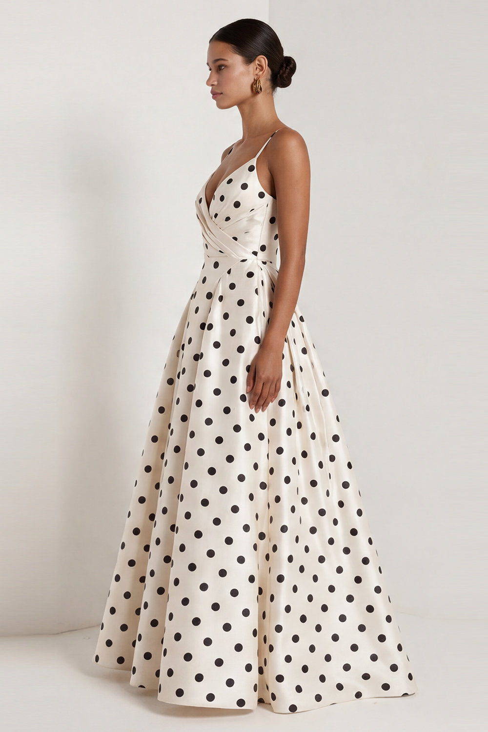 Black and White A Line Spaghetti Straps Maxi Polka Dots Dress