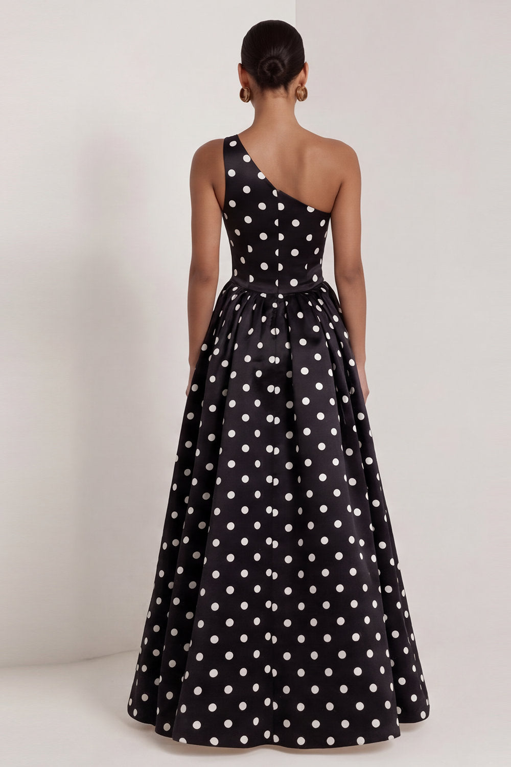 Black and White One Shoulder Long A Line Polka Dots Dress
