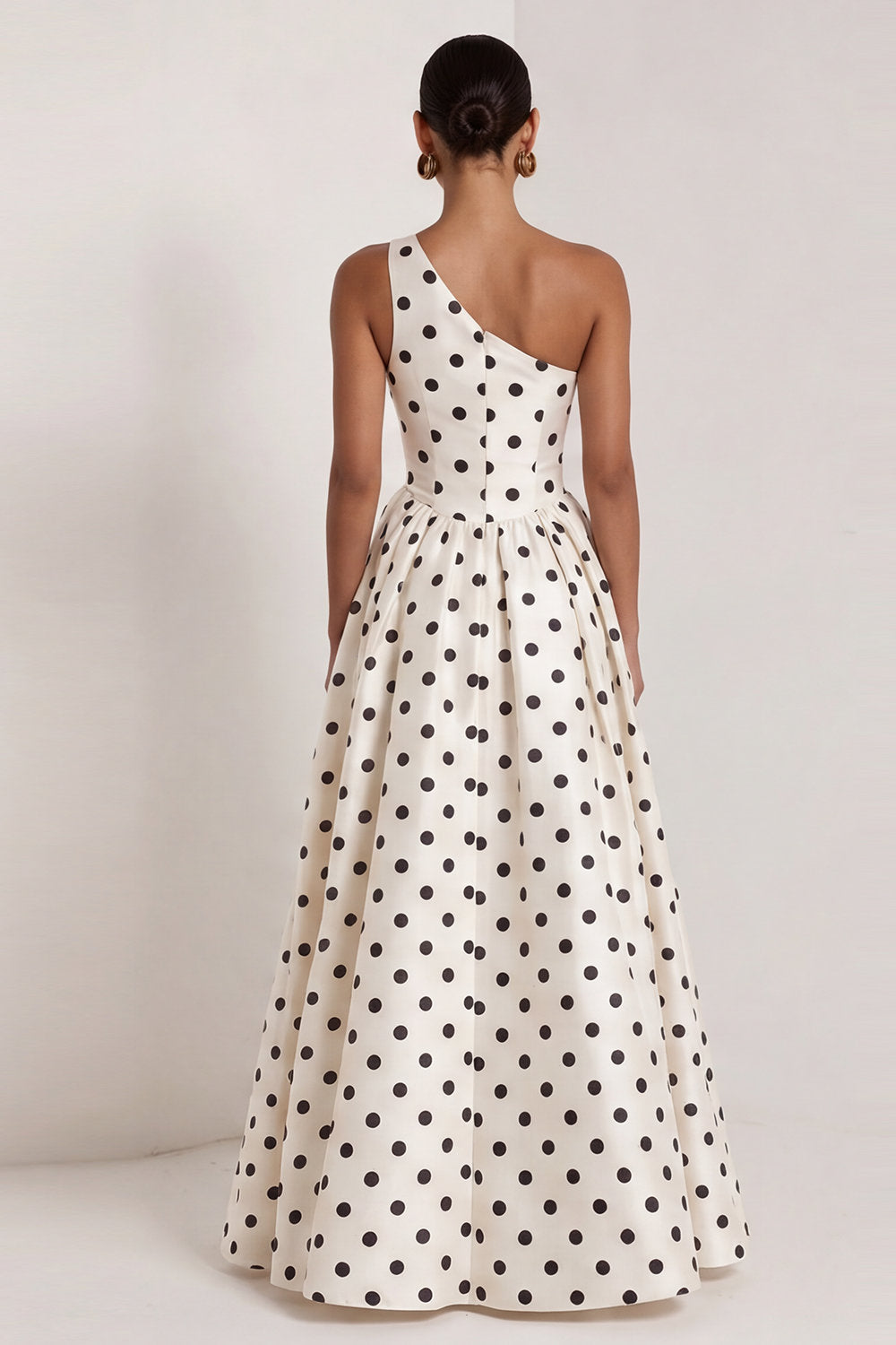 Black and White One Shoulder Long A Line Polka Dots Dress