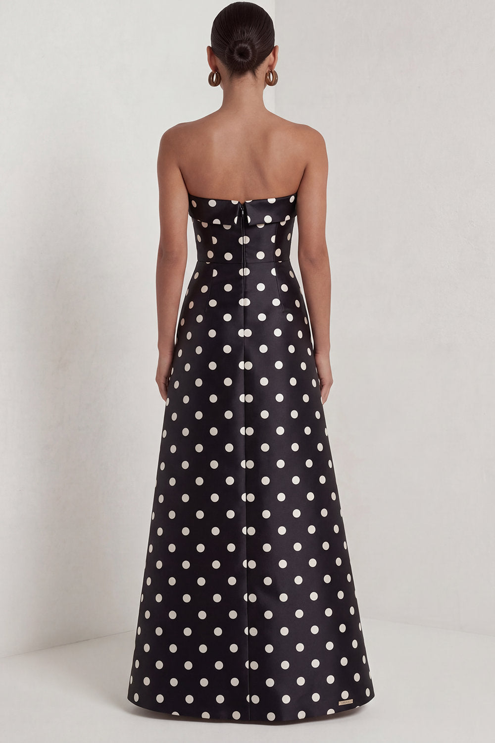 Black and White Strapless A Line Maxi Polka Dots Dress with Slit