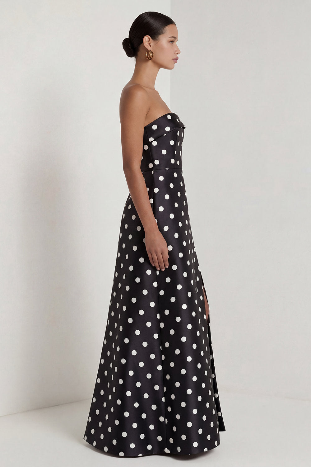 Black and White Strapless A Line Maxi Polka Dots Dress with Slit