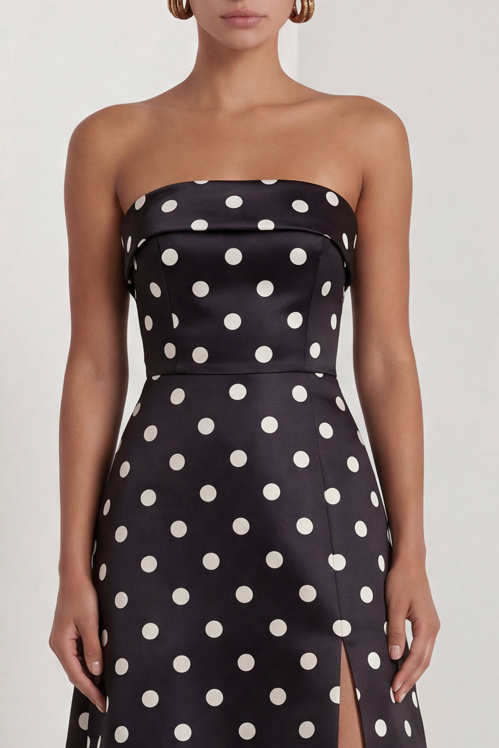 Black and White Strapless A Line Maxi Polka Dots Dress with Slit