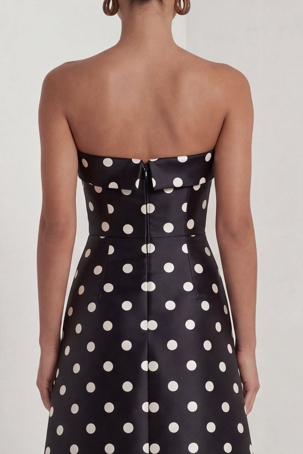 Black and White Strapless A Line Maxi Polka Dots Dress with Slit