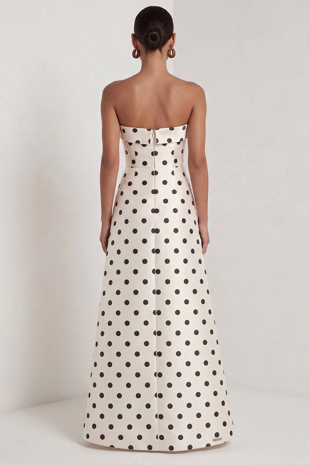 Black and White Strapless A Line Maxi Polka Dots Dress with Slit