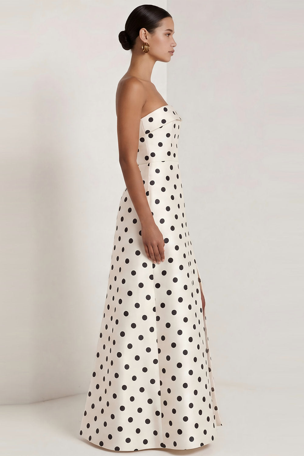 Black and White Strapless A Line Maxi Polka Dots Dress with Slit