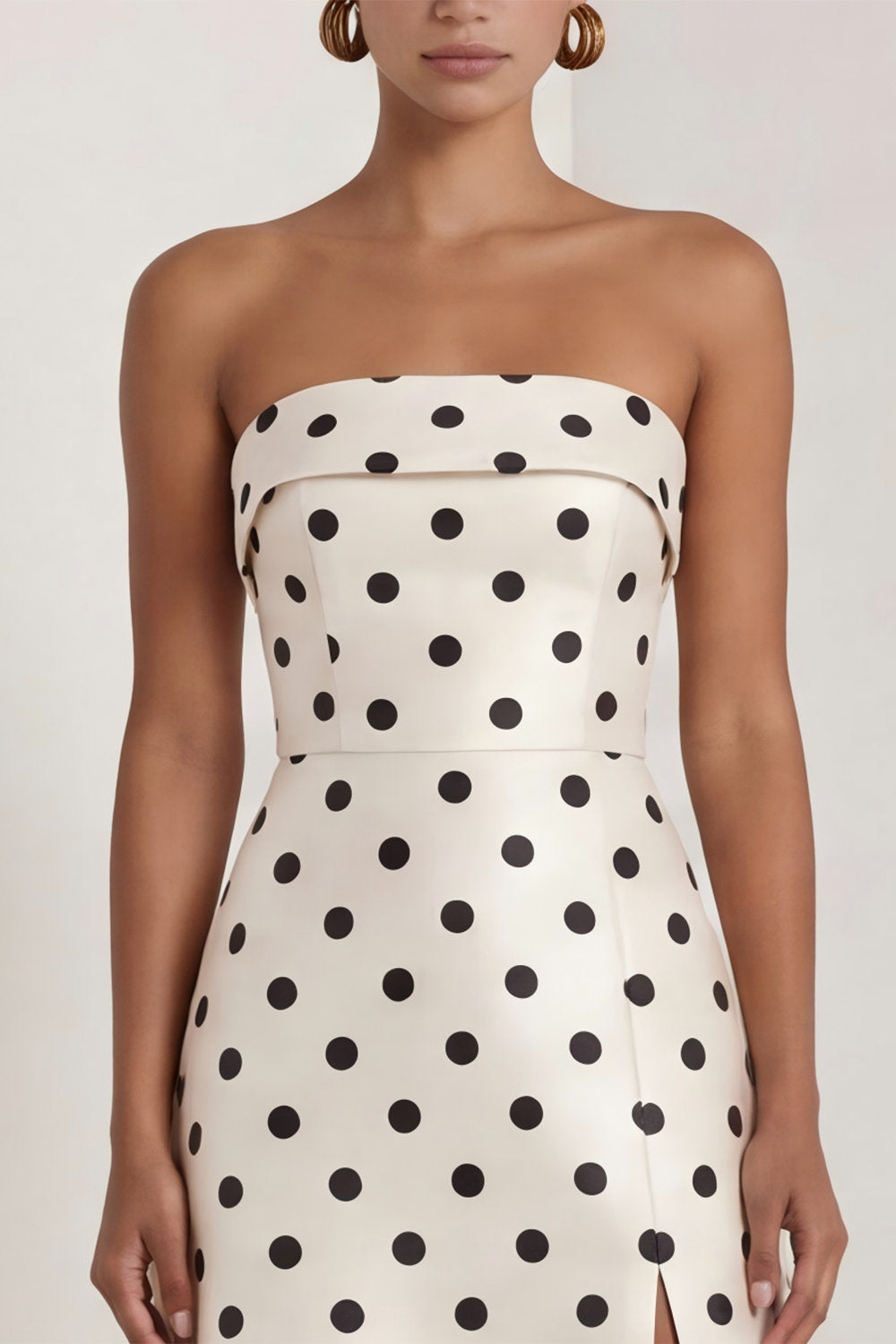 Black and White Strapless A Line Maxi Polka Dots Dress with Slit