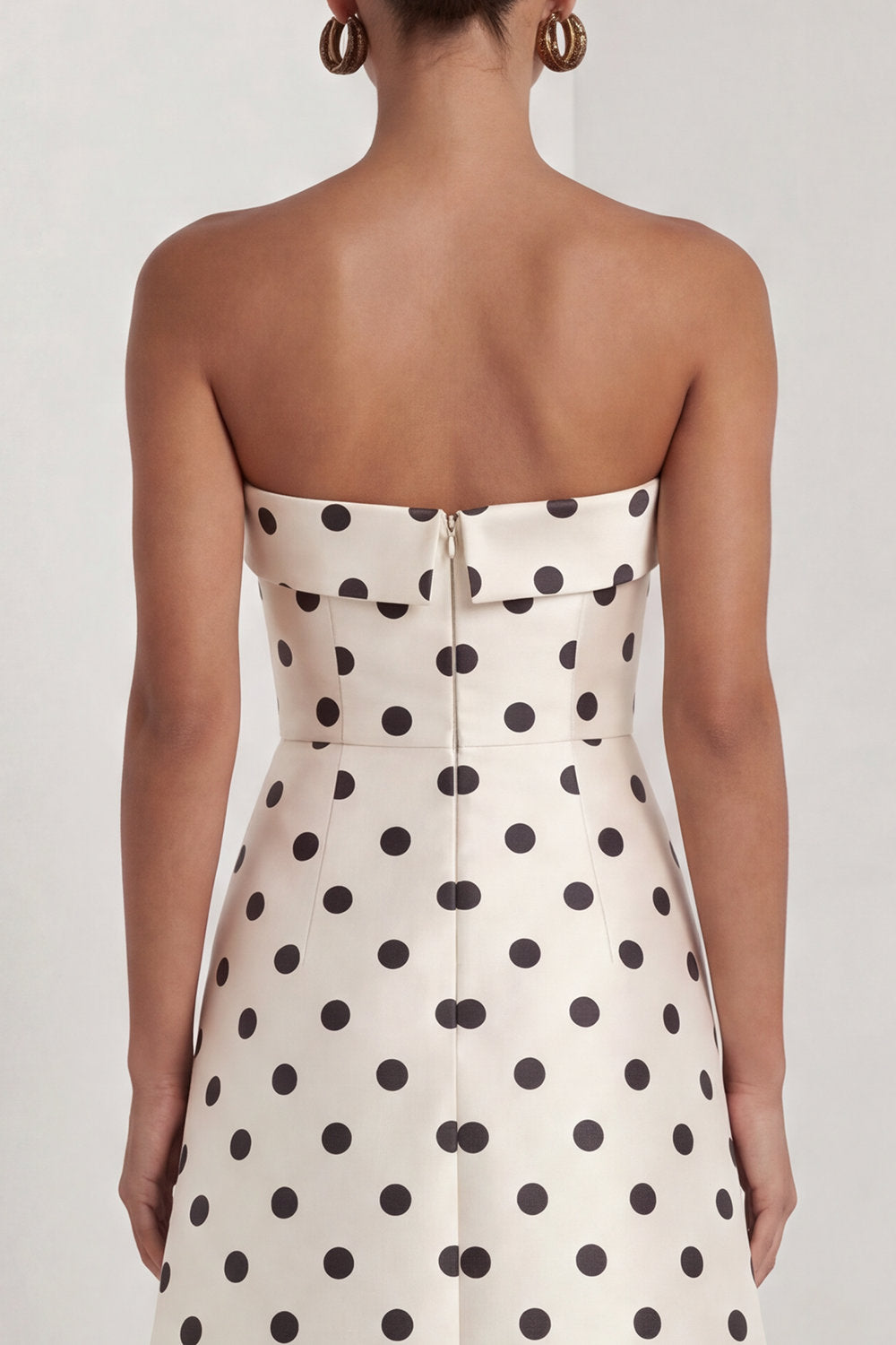Black and White Strapless A Line Maxi Polka Dots Dress with Slit