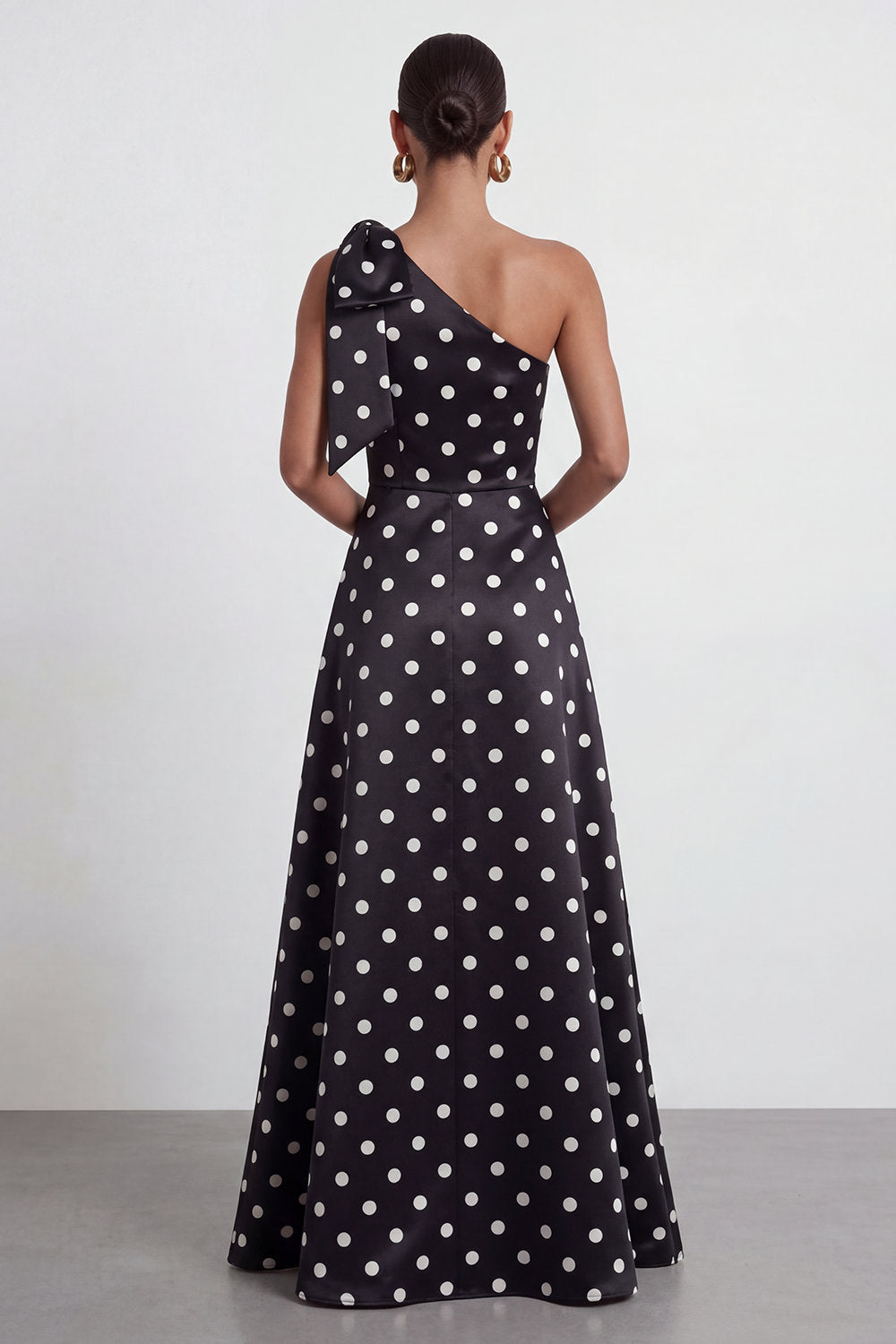 A Line Black and White One Shoulder Long Polka Dots Dress with Bow