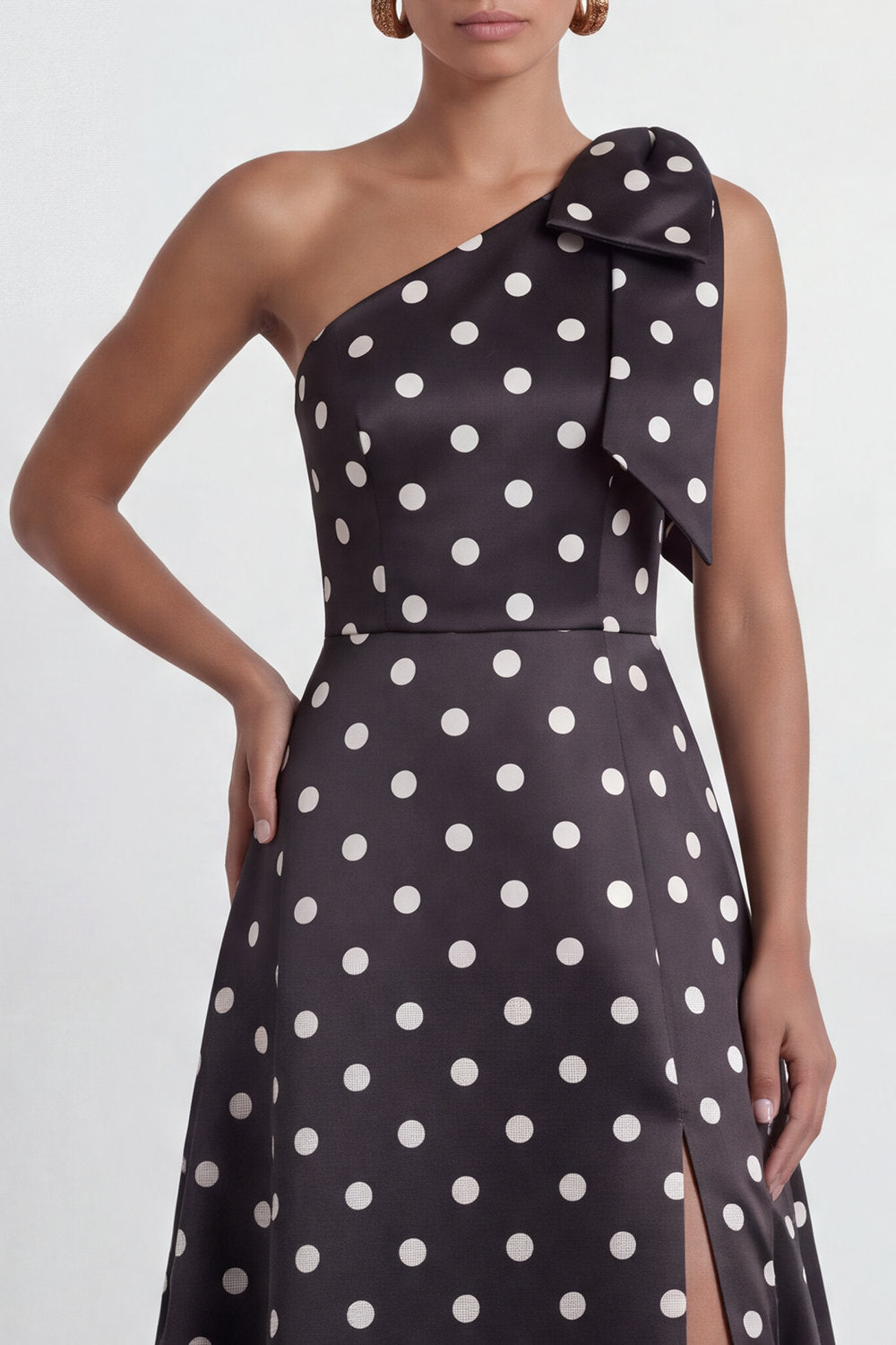 A Line Black and White One Shoulder Long Polka Dots Dress with Bow