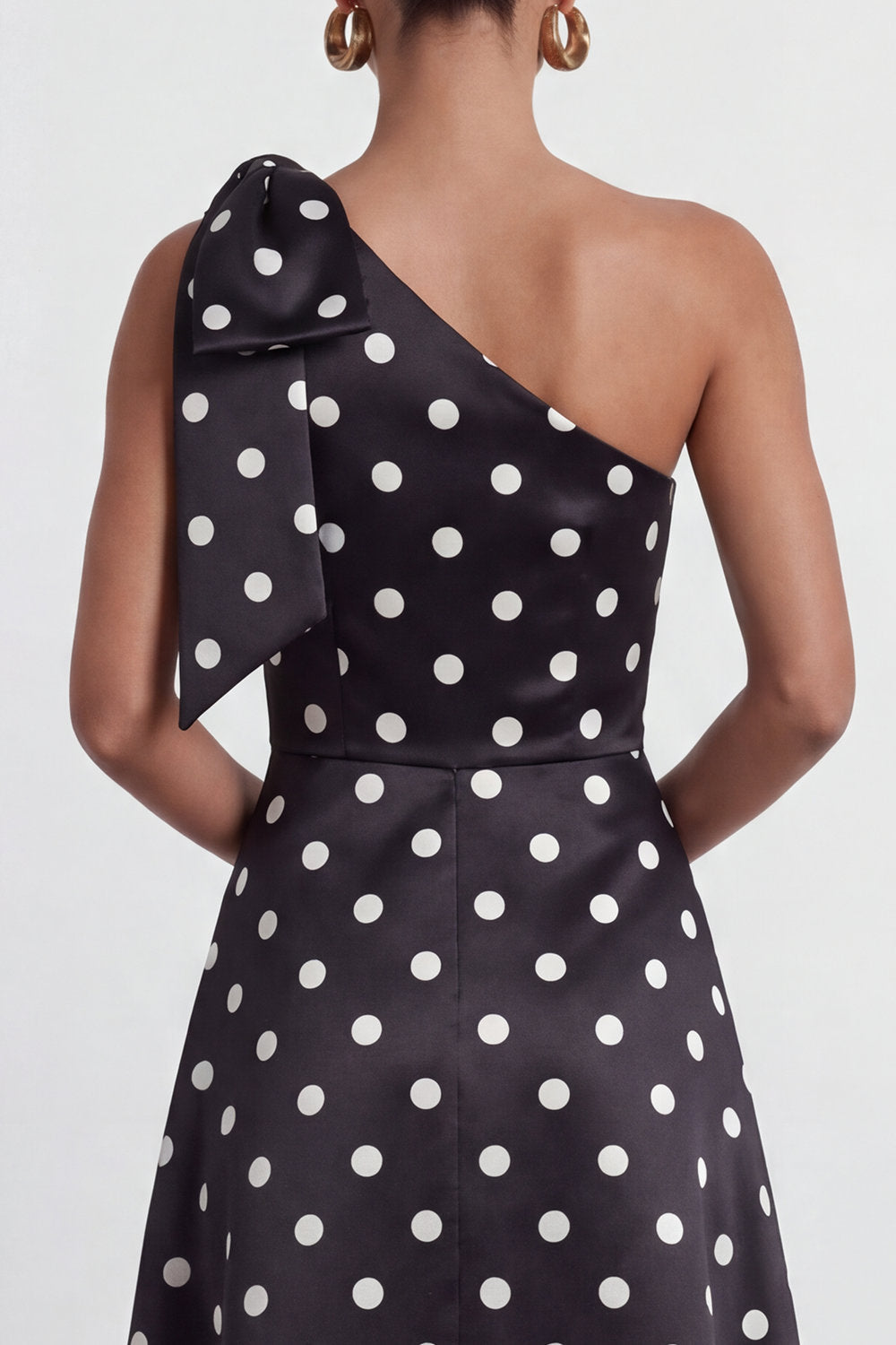 A Line Black and White One Shoulder Long Polka Dots Dress with Bow