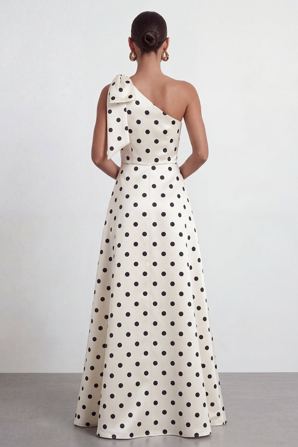 A Line Black and White One Shoulder Long Polka Dots Dress with Bow