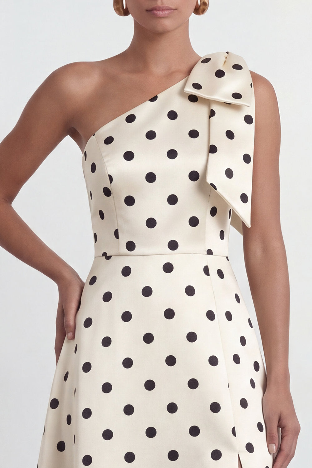 A Line Black and White One Shoulder Long Polka Dots Dress with Bow