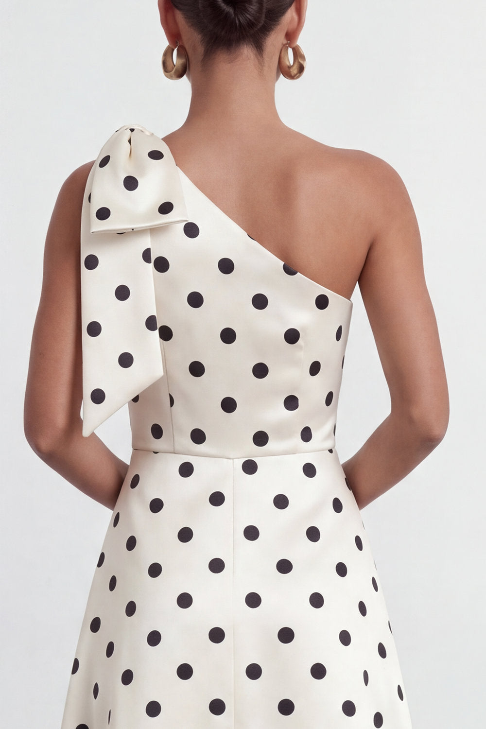 A Line Black and White One Shoulder Long Polka Dots Dress with Bow