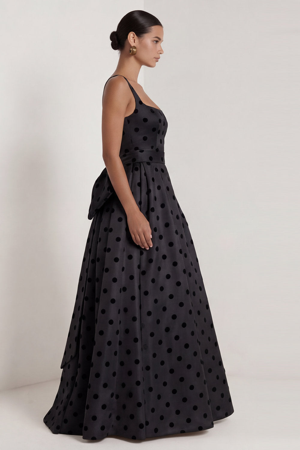 A Line Black Square Neck Maxi Polka Dots Dress with Bow