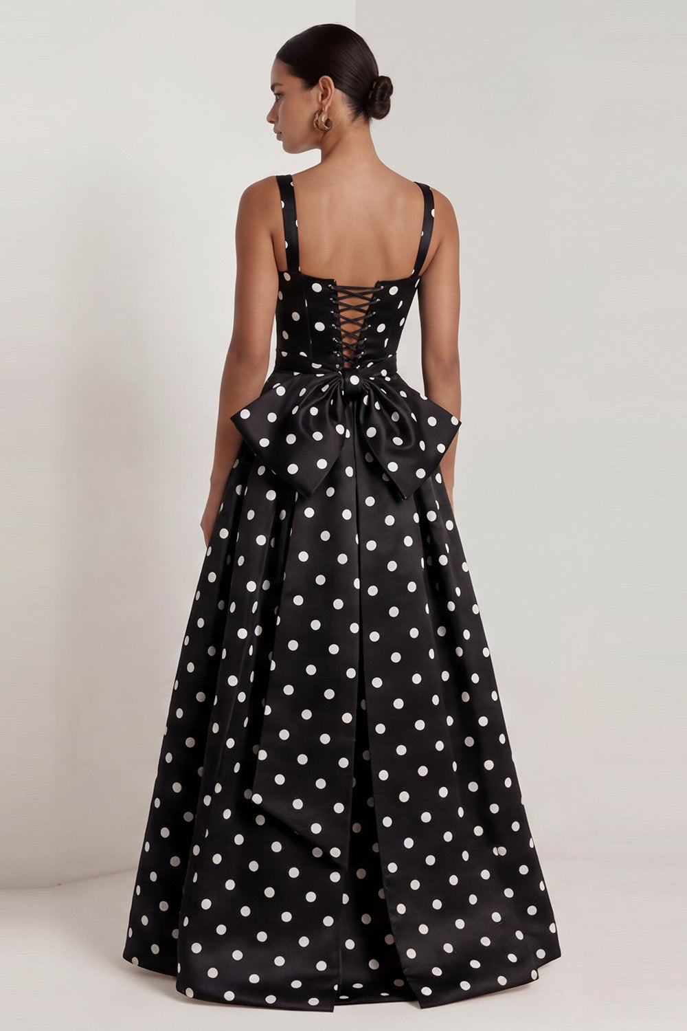 A Line Black Square Neck Maxi Polka Dots Dress with Bow