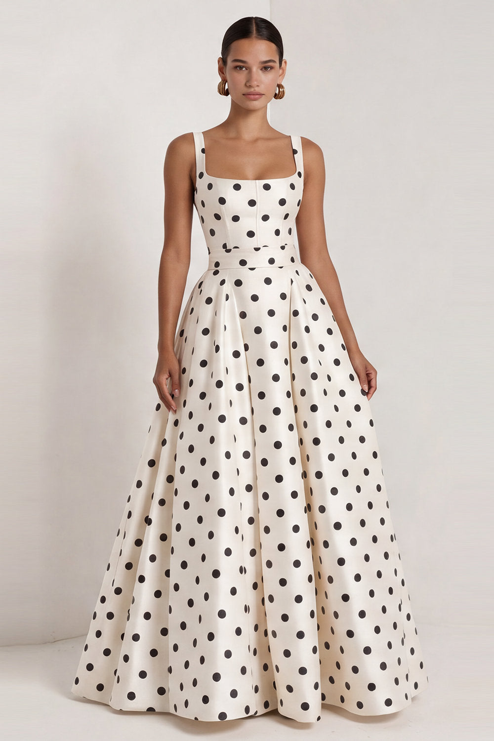 A Line Black Square Neck Maxi Polka Dots Dress with Bow