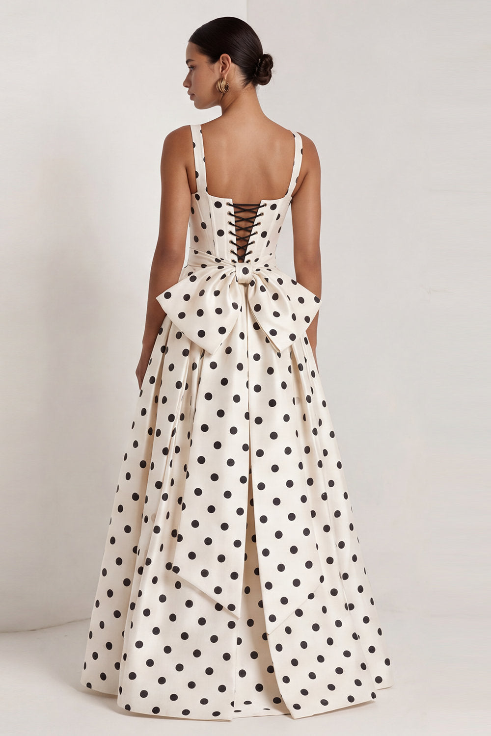 A Line Black Square Neck Maxi Polka Dots Dress with Bow