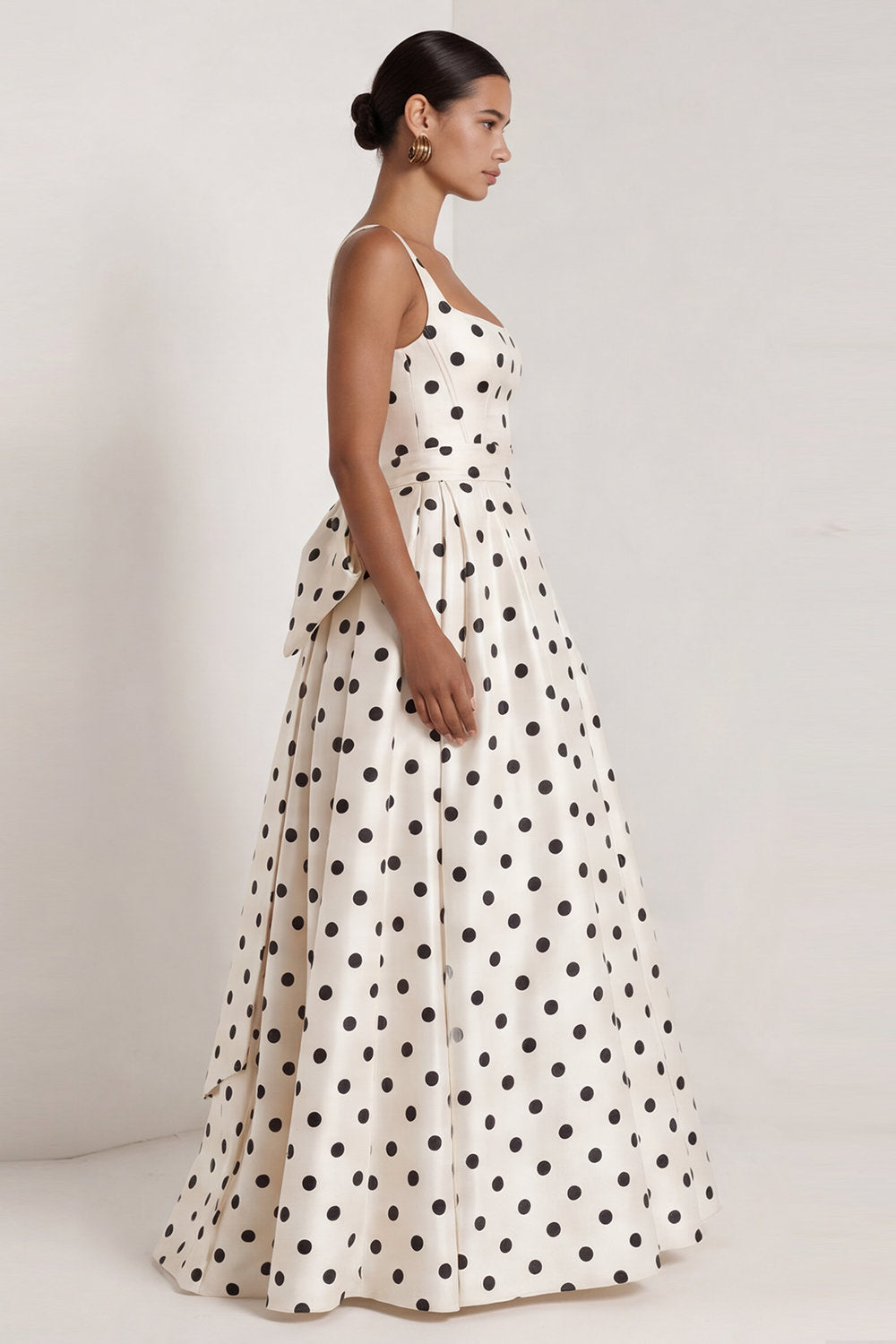 A Line Black Square Neck Maxi Polka Dots Dress with Bow