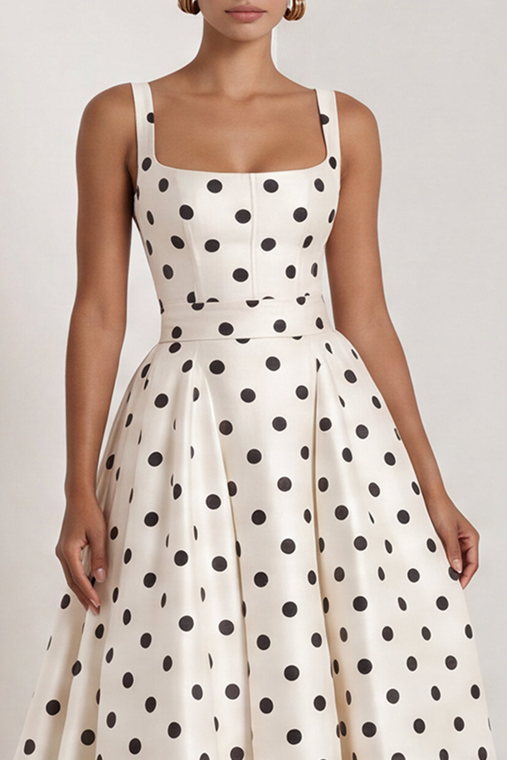 A Line Black Square Neck Maxi Polka Dots Dress with Bow