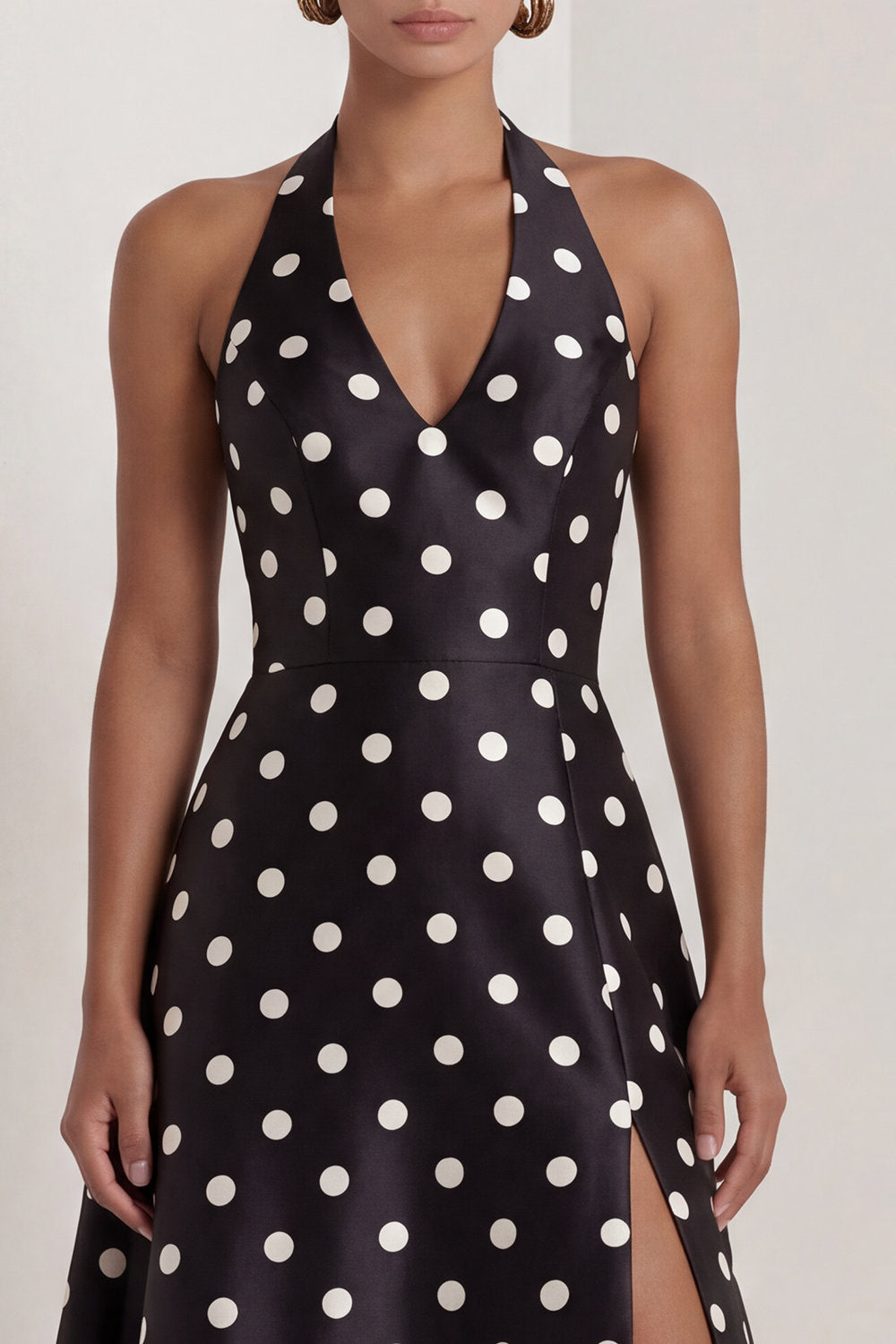Black and White Halter A Line Maxi Polka Dots Dress with Slit