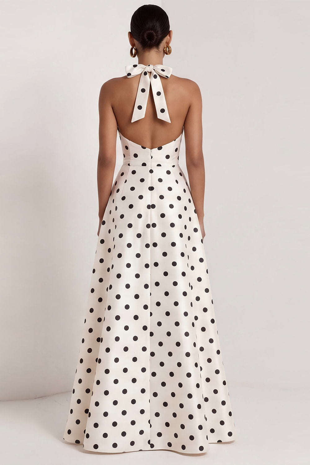 Black and White Halter A Line Maxi Polka Dots Dress with Slit