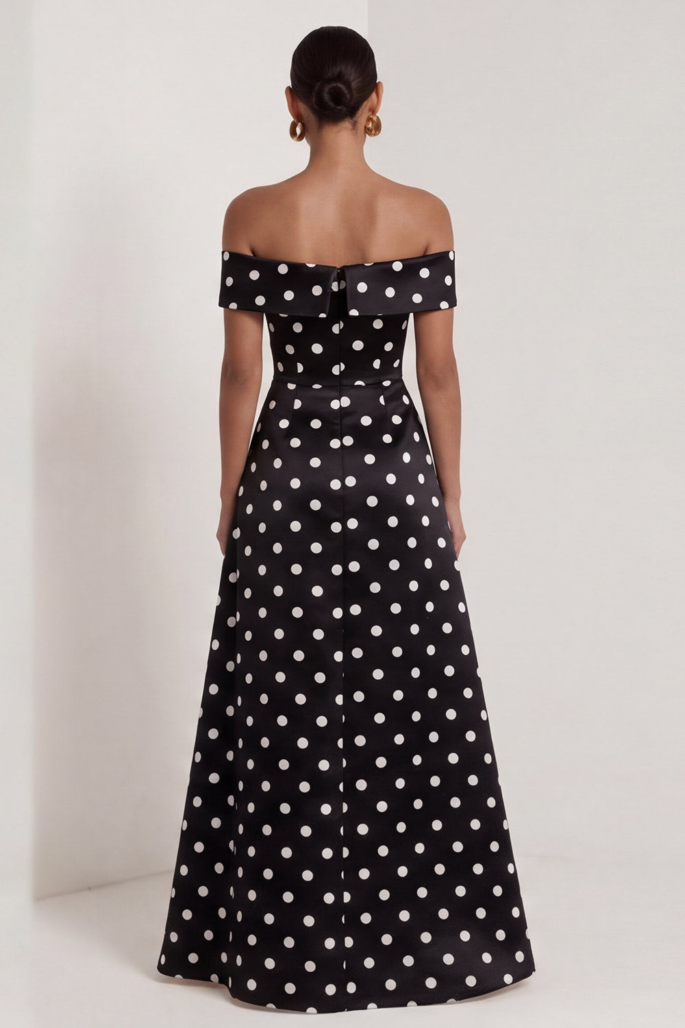 Black and White A Line Long Off the Shoulder Polka Dots Dress with Slit