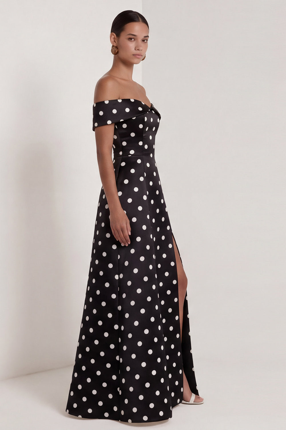 Black and White A Line Long Off the Shoulder Polka Dots Dress with Slit