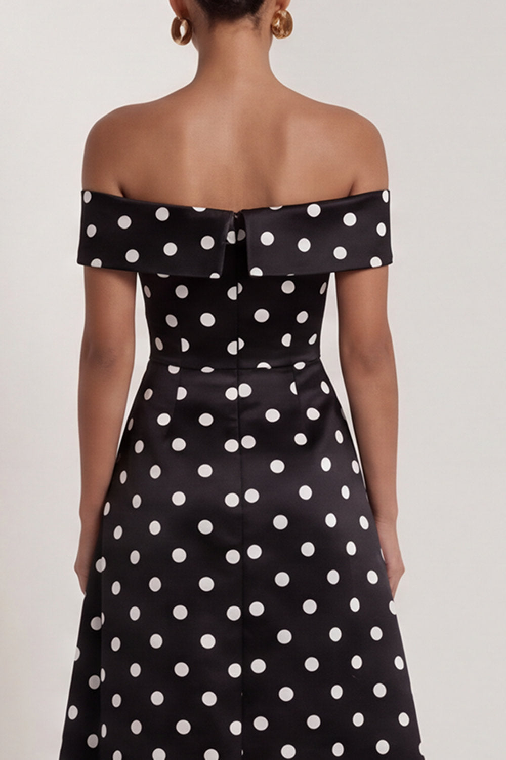 Black and White A Line Long Off the Shoulder Polka Dots Dress with Slit