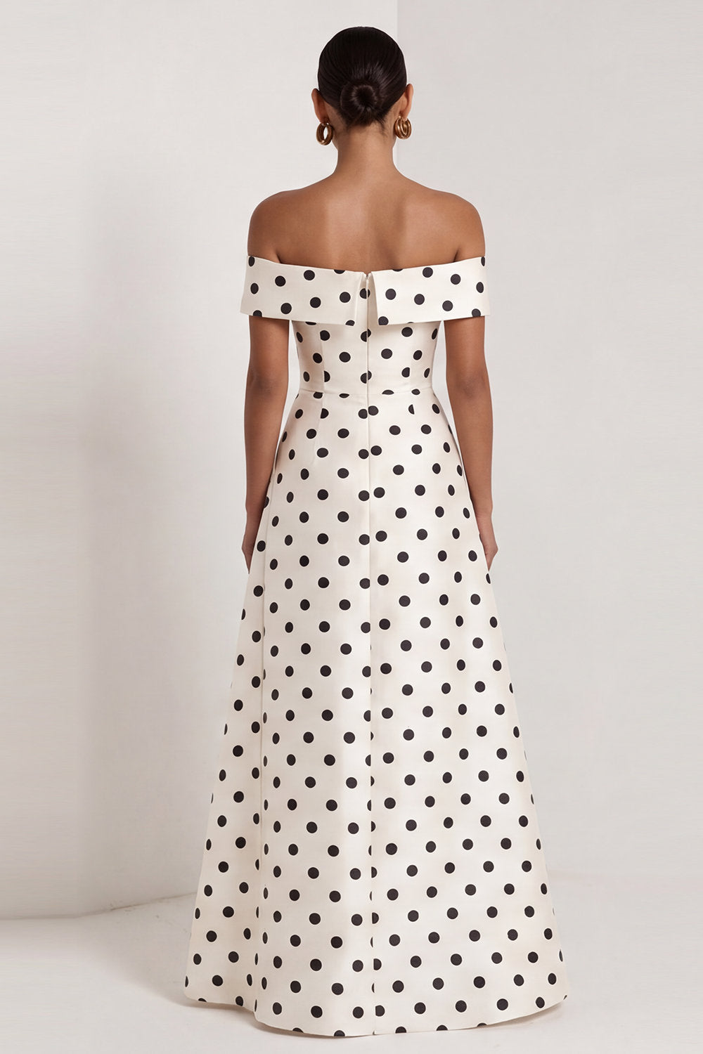 Black and White A Line Long Off the Shoulder Polka Dots Dress with Slit