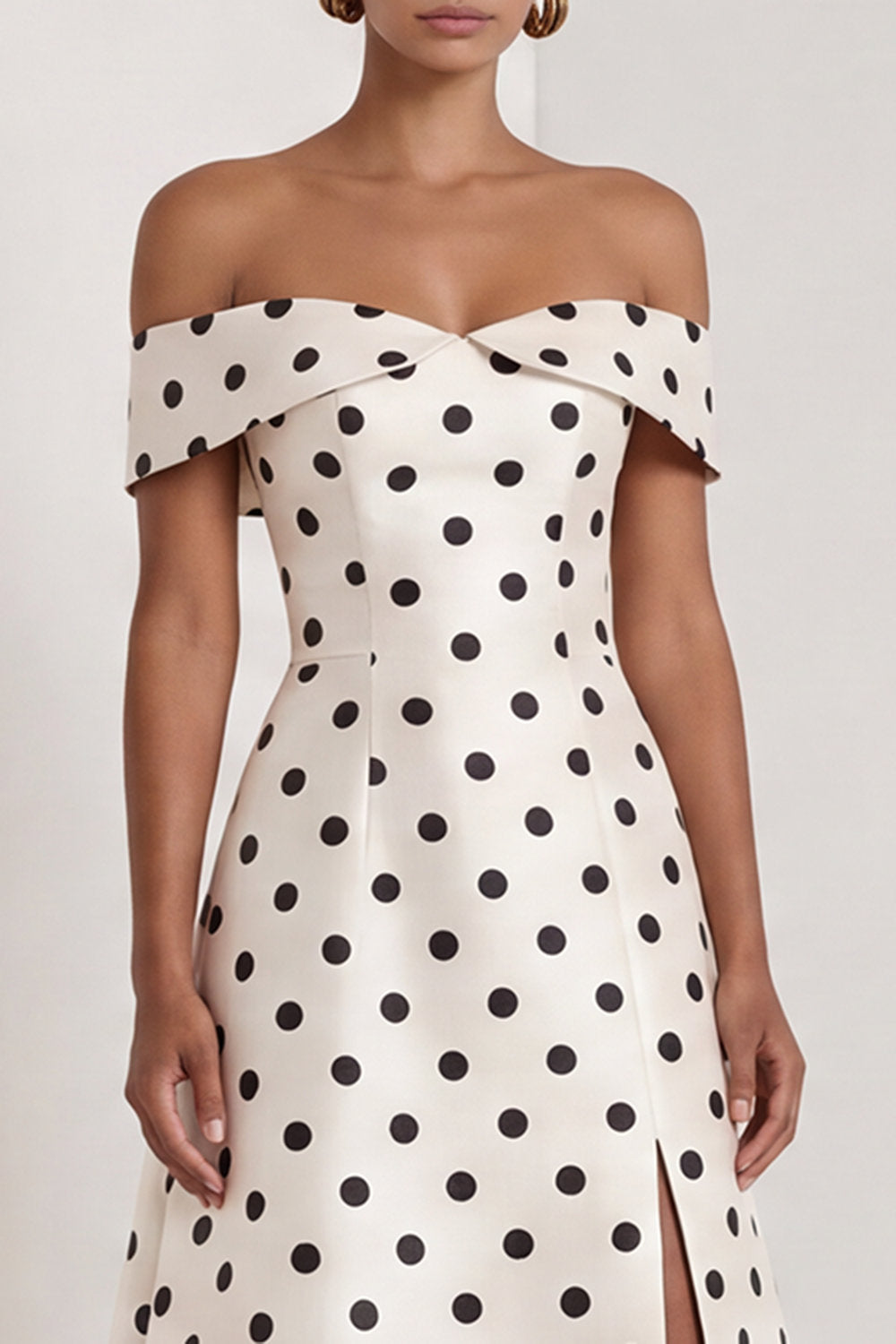Black and White A Line Long Off the Shoulder Polka Dots Dress with Slit