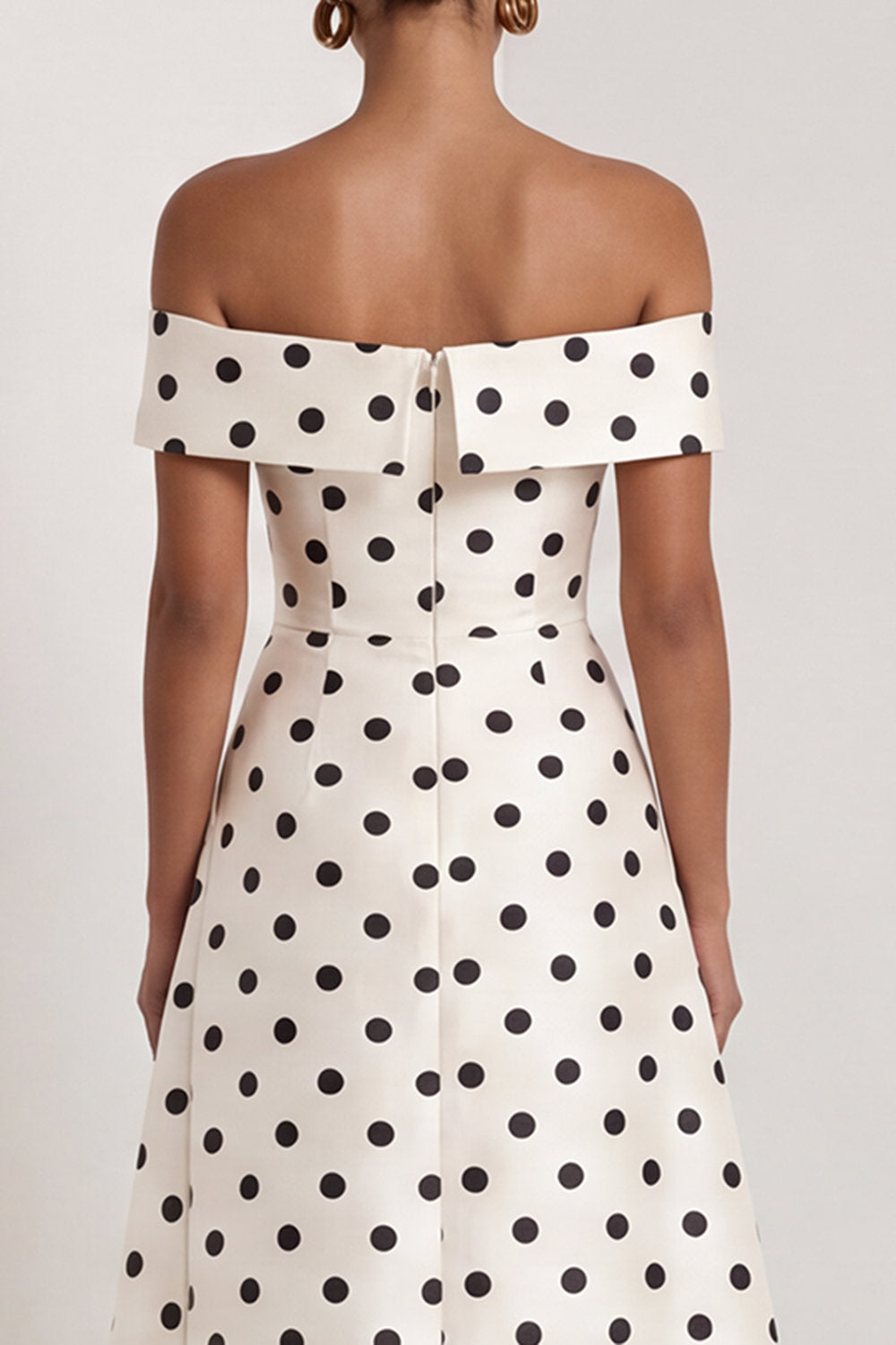 Black and White A Line Long Off the Shoulder Polka Dots Dress with Slit