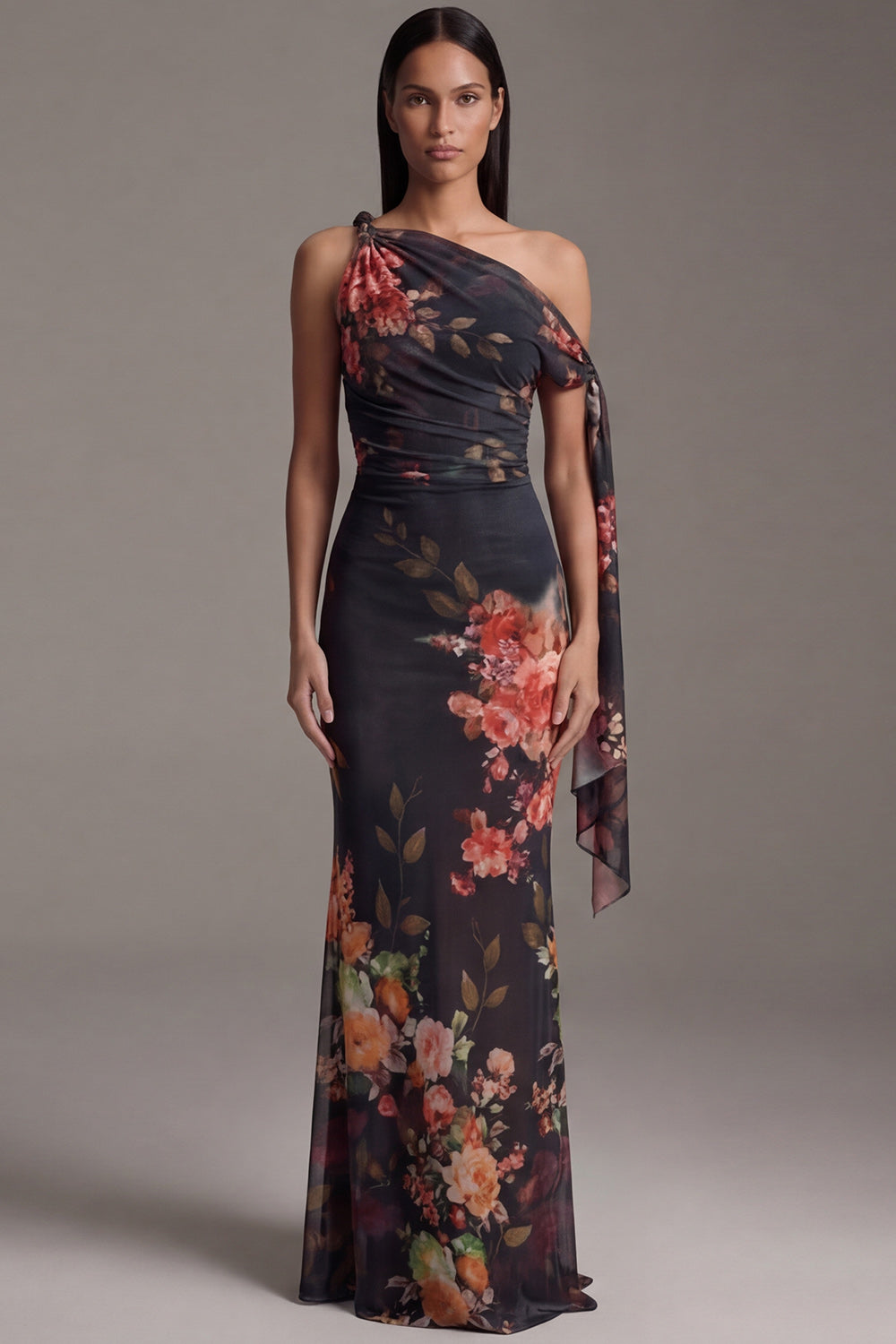 Mermaid Ruched Black Floral Maxi Wedding Guest Dress