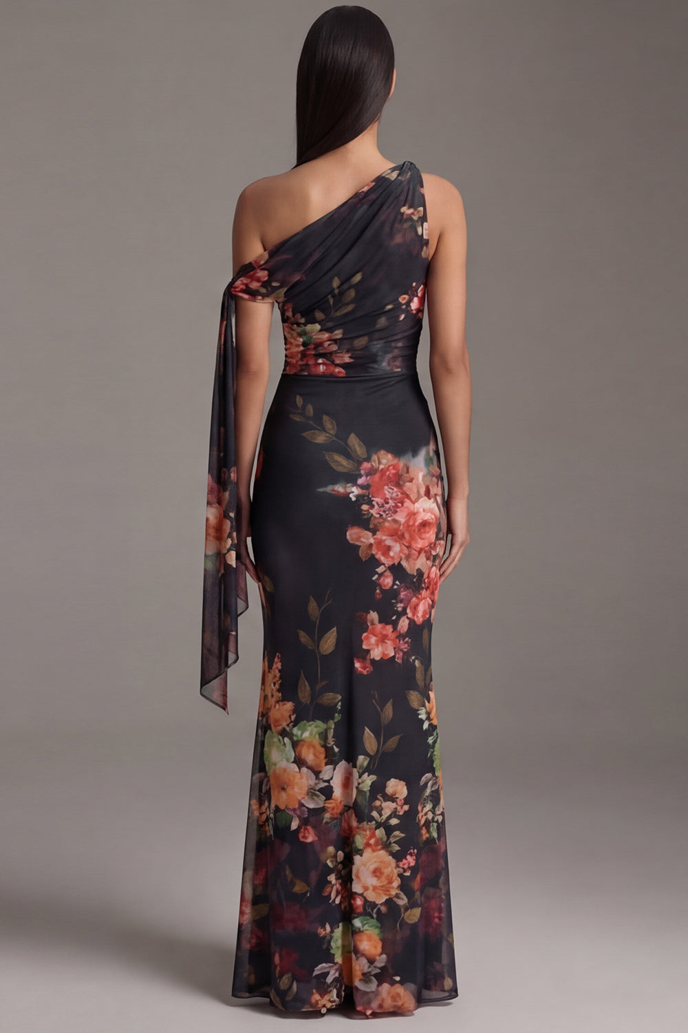 Mermaid Ruched Black Floral Maxi Wedding Guest Dress