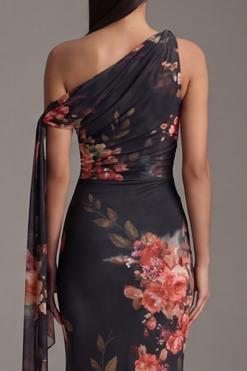 Mermaid Ruched Black Floral Maxi Wedding Guest Dress