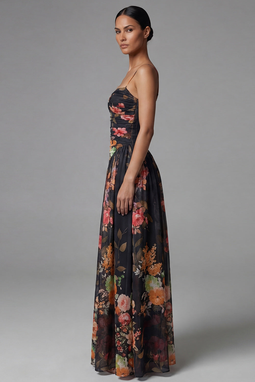 Black A Line Spaghetti Straps Floral Maxi Wedding Guest Dress