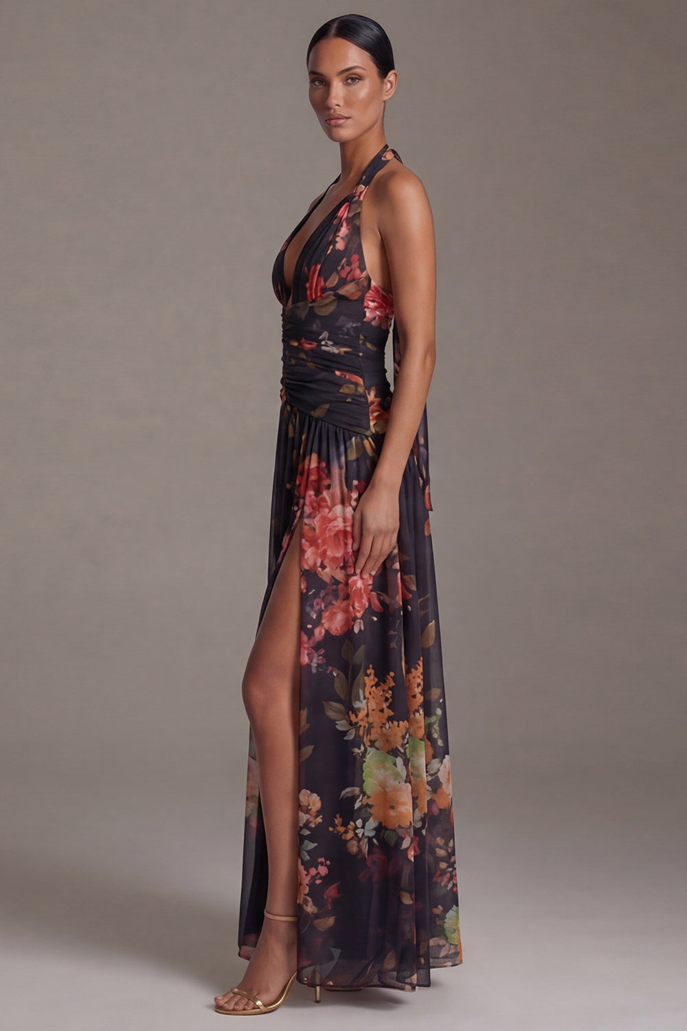 Black Floral Halter A Line Maxi Wedding Guest Dress with Slit