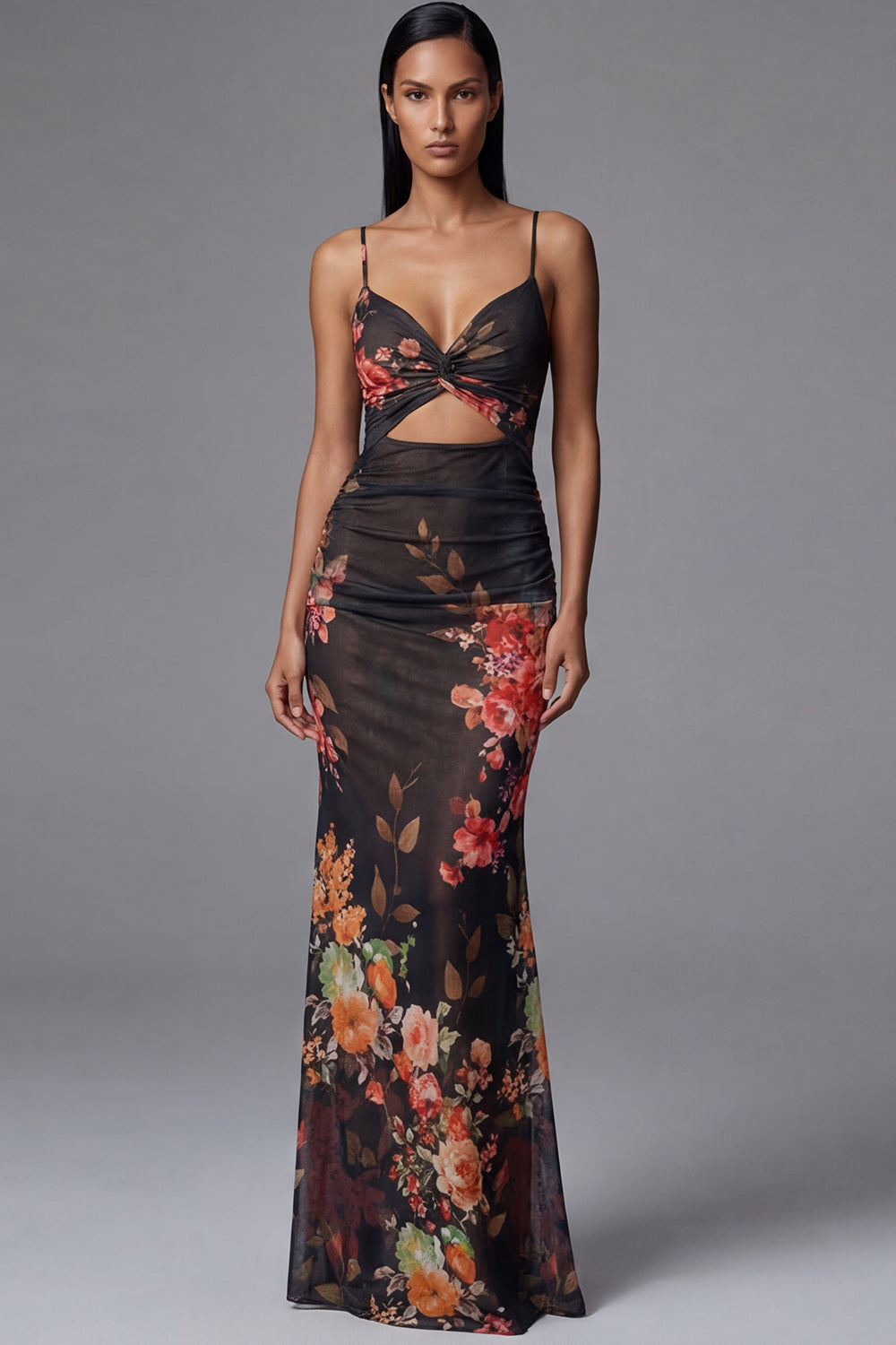Black Cut Out Floral Mermaid Spaghetti Straps Long Wedding Guest Dress