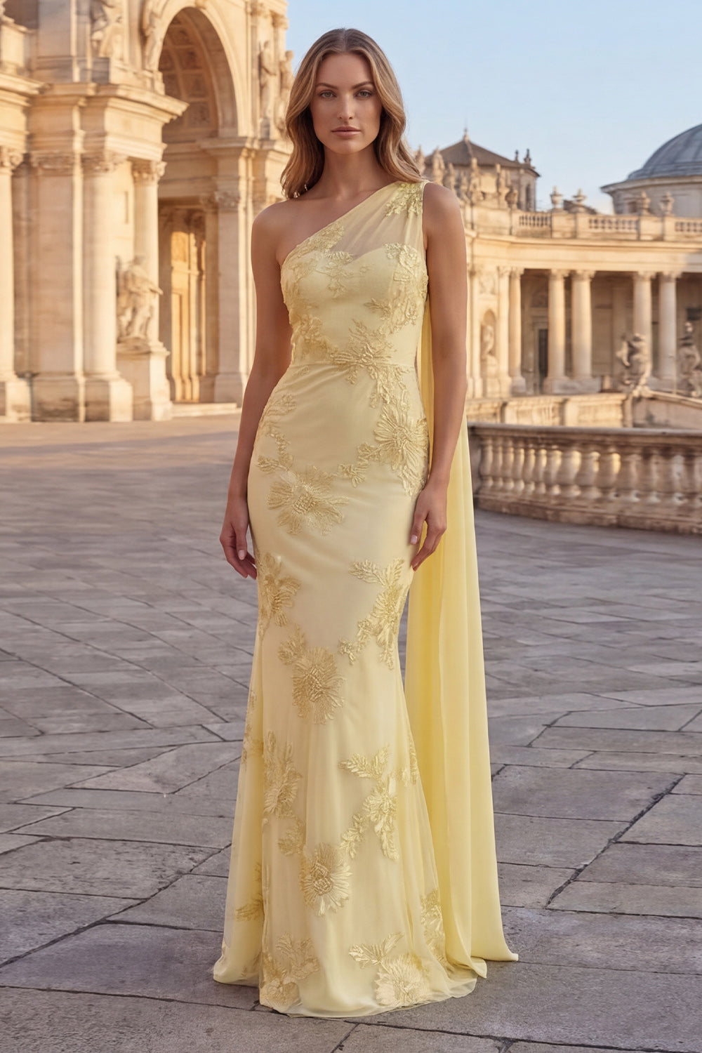 Yellow One Shoulder Mermaid Appliqued Long Prom Dress with Side Cape