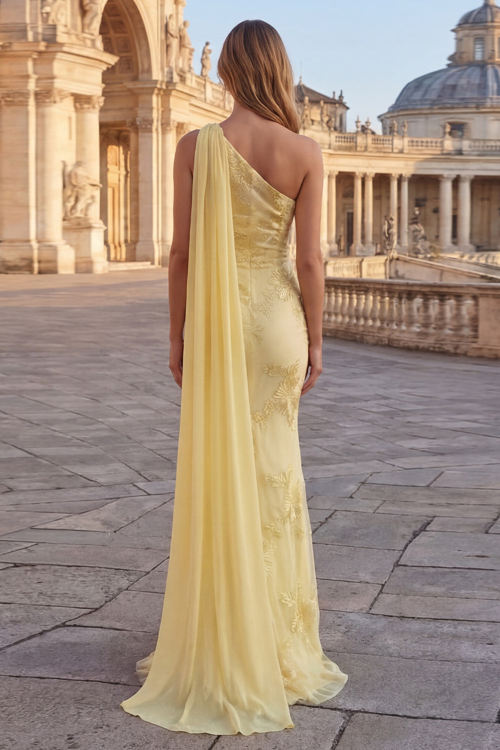 Yellow One Shoulder Mermaid Appliqued Long Prom Dress with Side Cape
