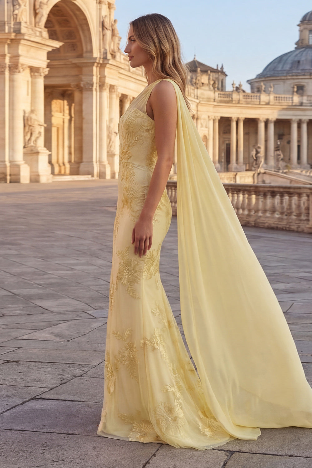Yellow One Shoulder Mermaid Appliqued Long Prom Dress with Side Cape