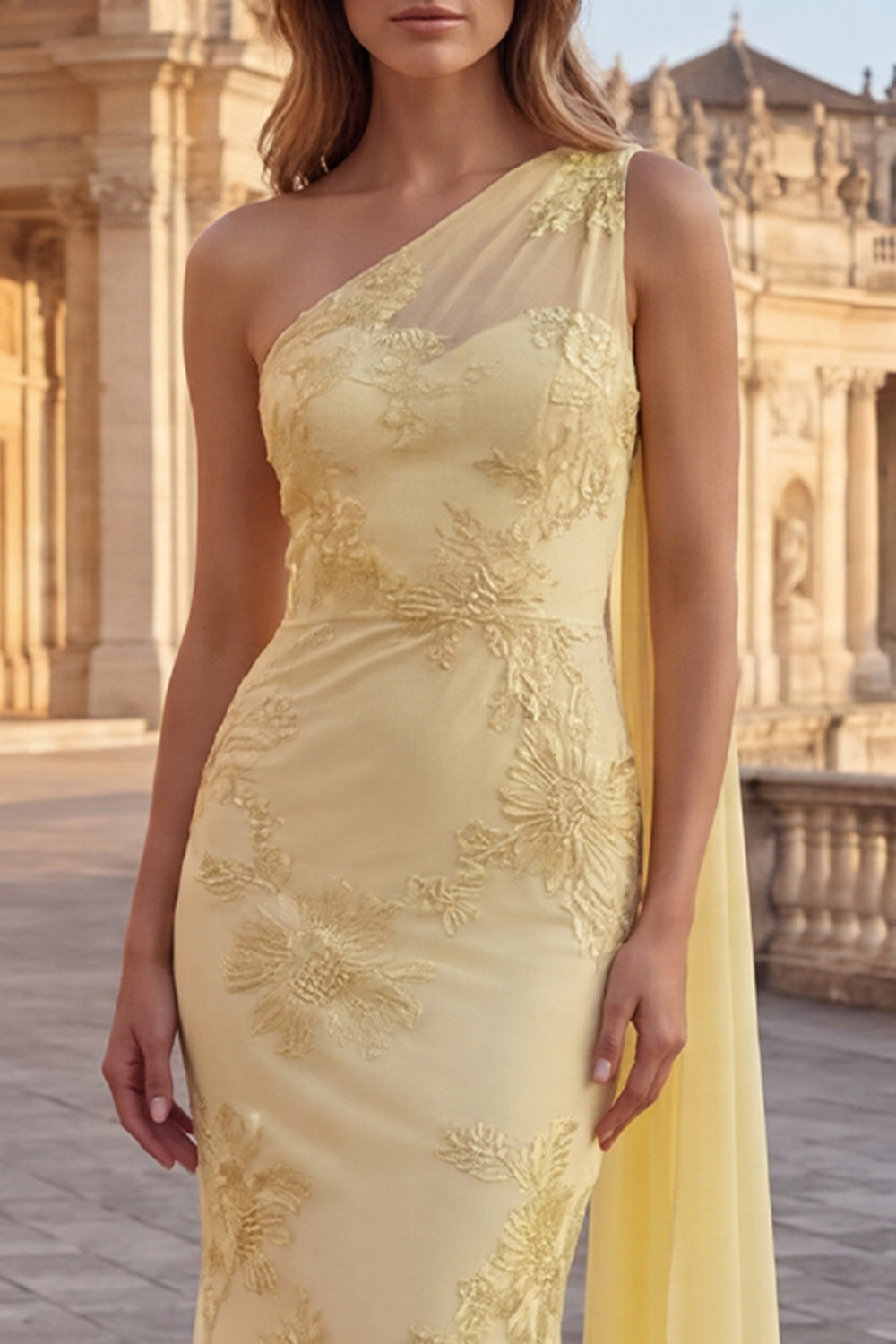 Yellow One Shoulder Mermaid Appliqued Long Prom Dress with Side Cape